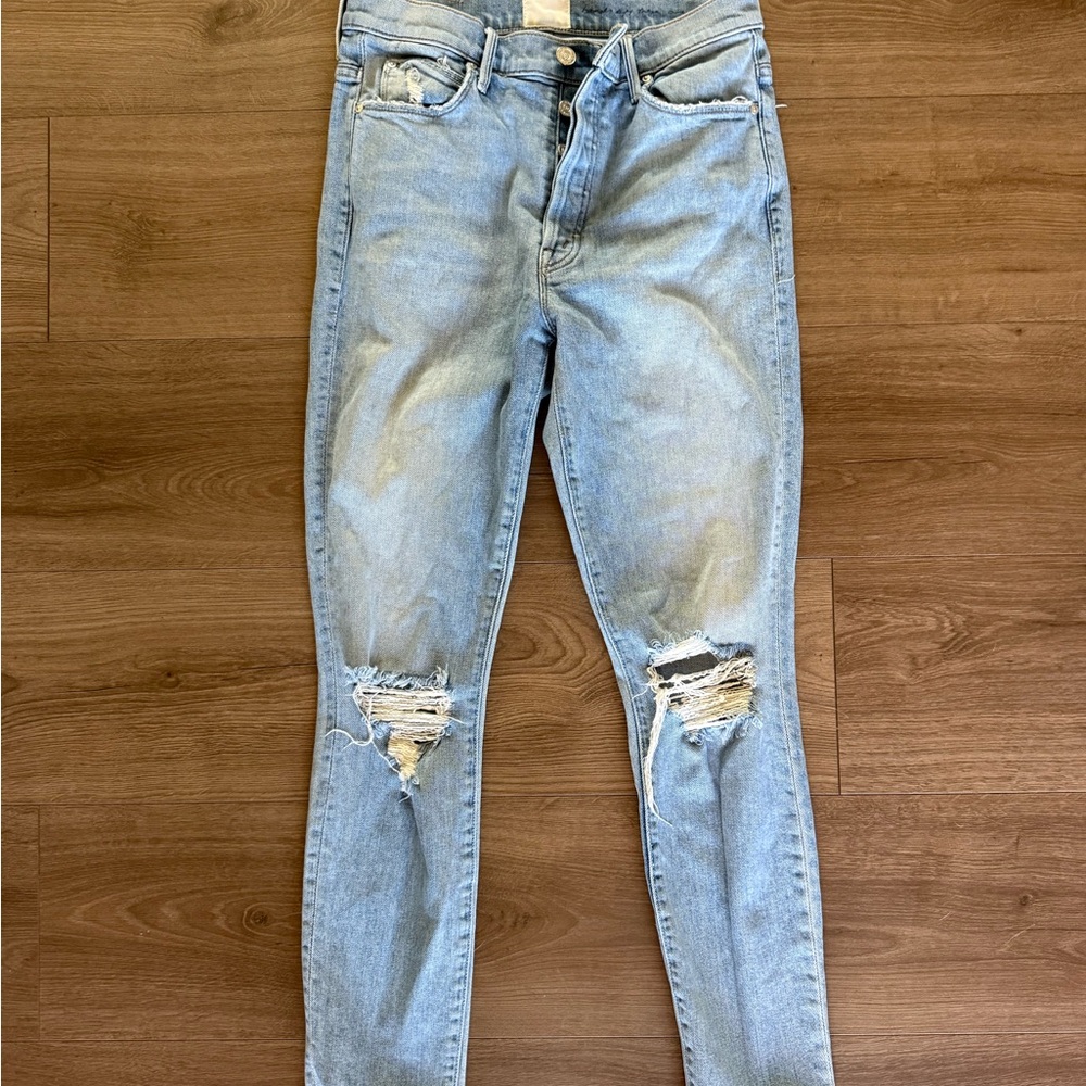 MOTHER Blue Skinny Distressed Jeans